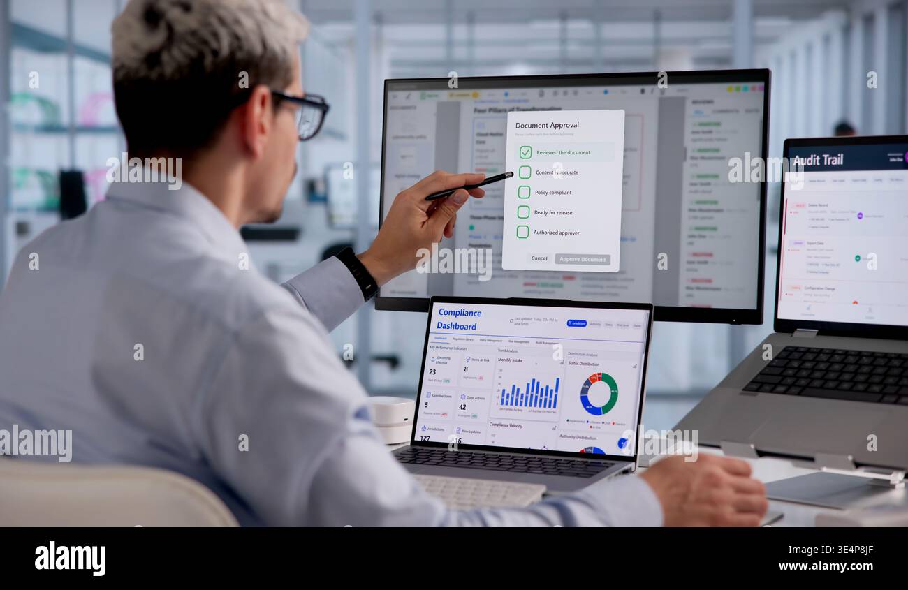 Hispanic Man Reviewing And Approving Digital Checklist Using Cloud-Based Workflow Software At Laptop Stock Photo