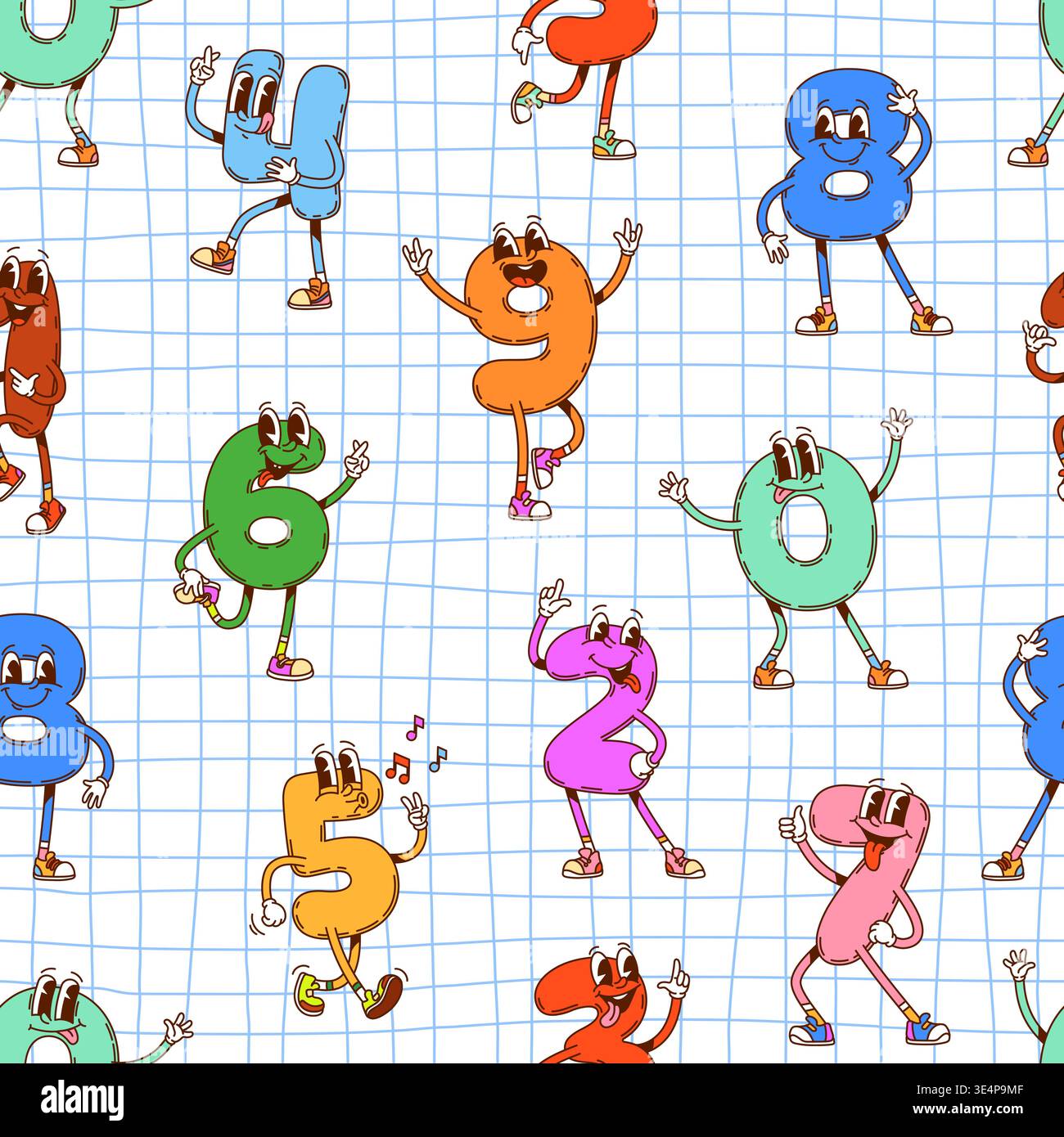 Groovy school math number characters pattern. Vector tile with funny ...