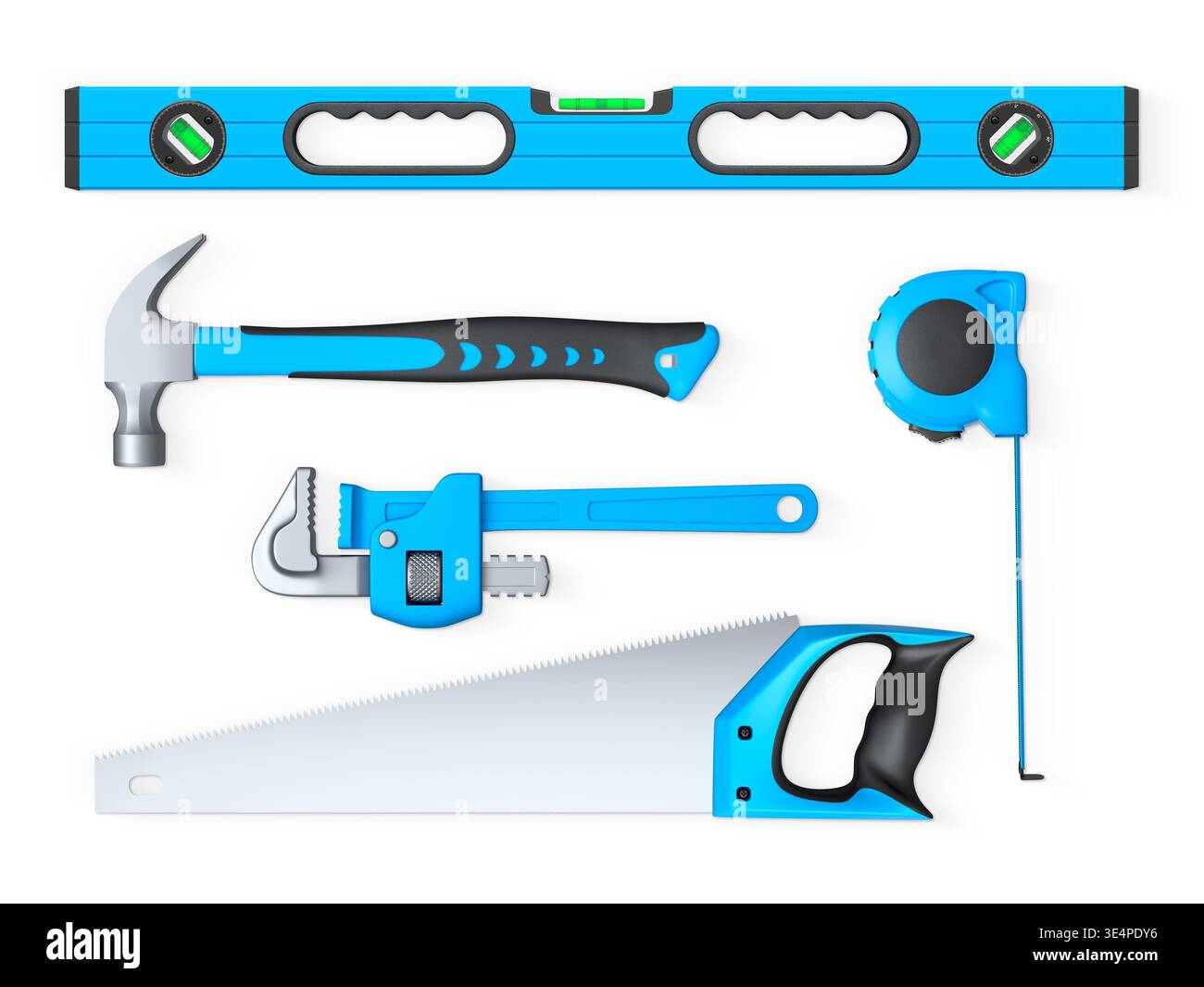 Assorted hand tools including hammer, saw, wrench, level, and tape measure, isolated on white background with clipping path. Stock Photo