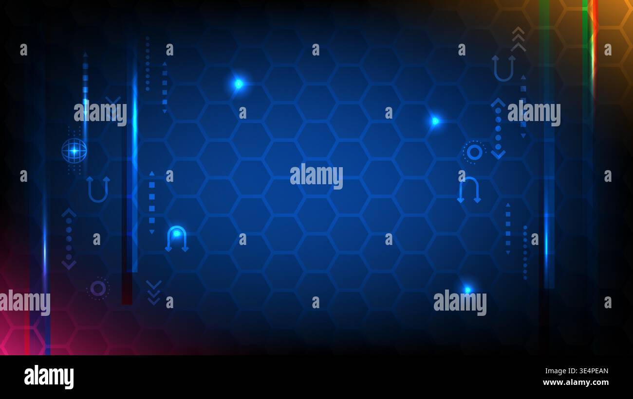 Digital cyberspace background with glowing hexagons, light rays and futuristic UI interface elements Stock Vector