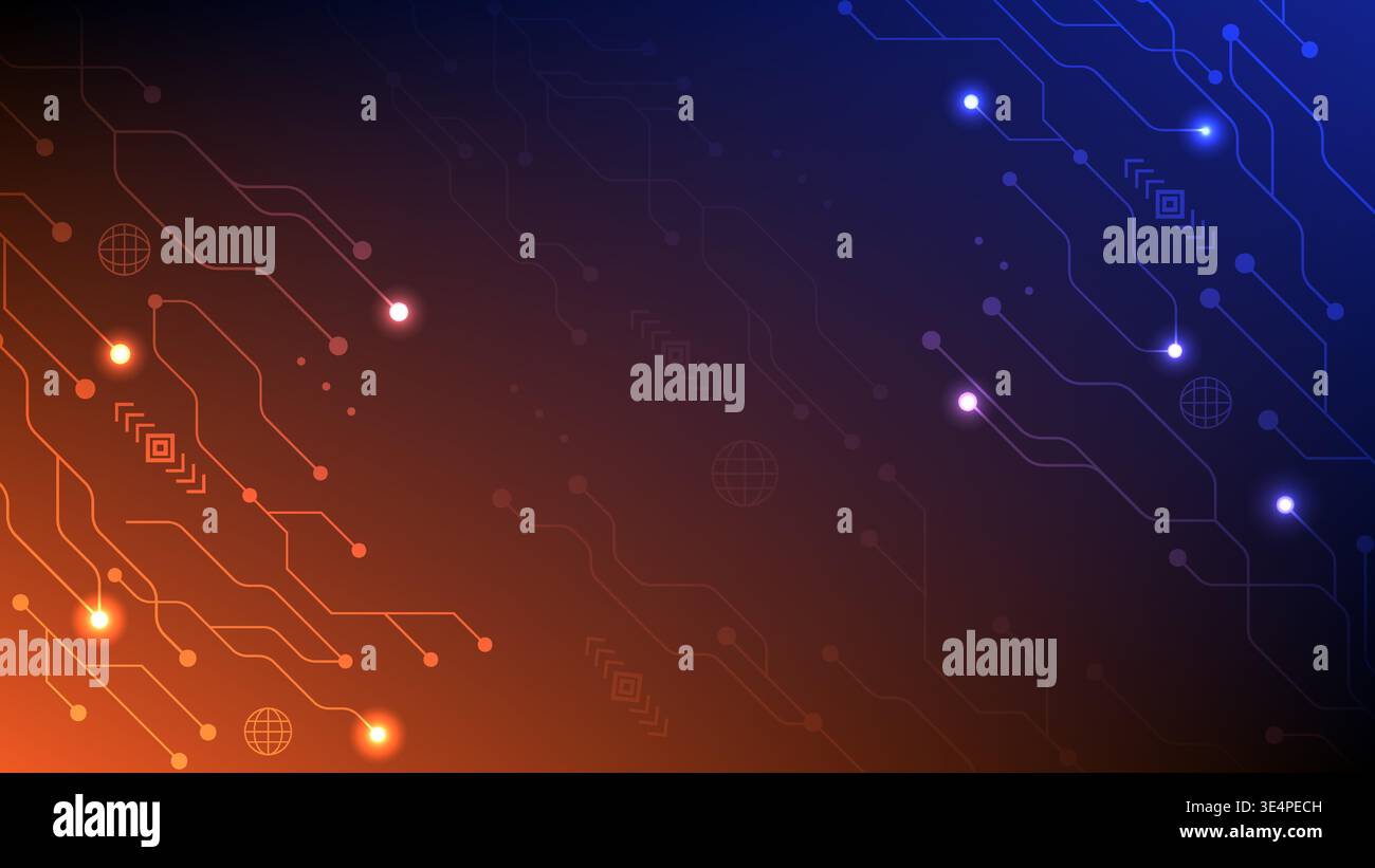 Abstract orange and blue glowing circuit lines representing global data ...