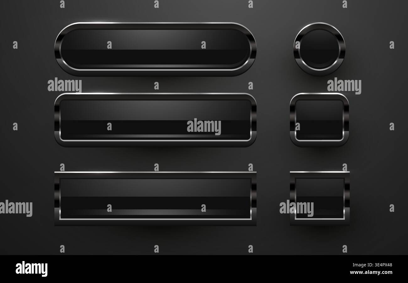 Sleek black glossy buttons with metallic frames for modern UI design ...
