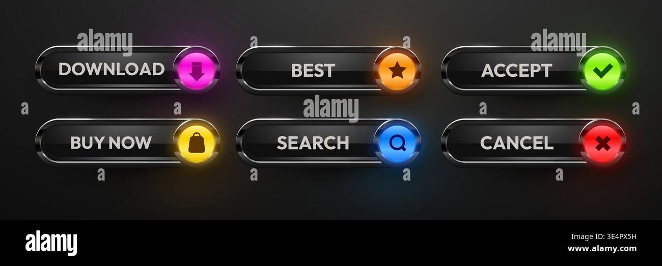 Sleek UI vector button set with glowing icons. Essential interface elements for modern web and app design. Vector illustration Stock Vector