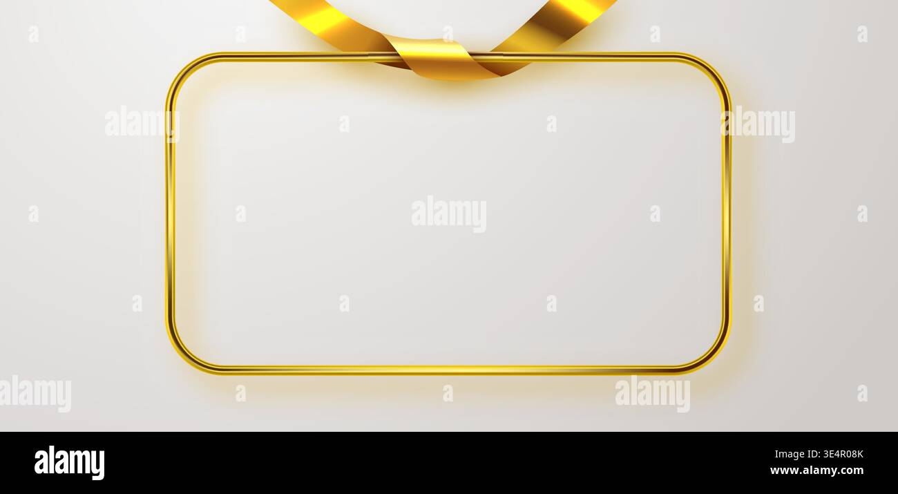 Luxurious golden rectangular frame with a shiny ribbon on a bright background. Perfect for elegant designs or awards. Vector illustration Stock Vector