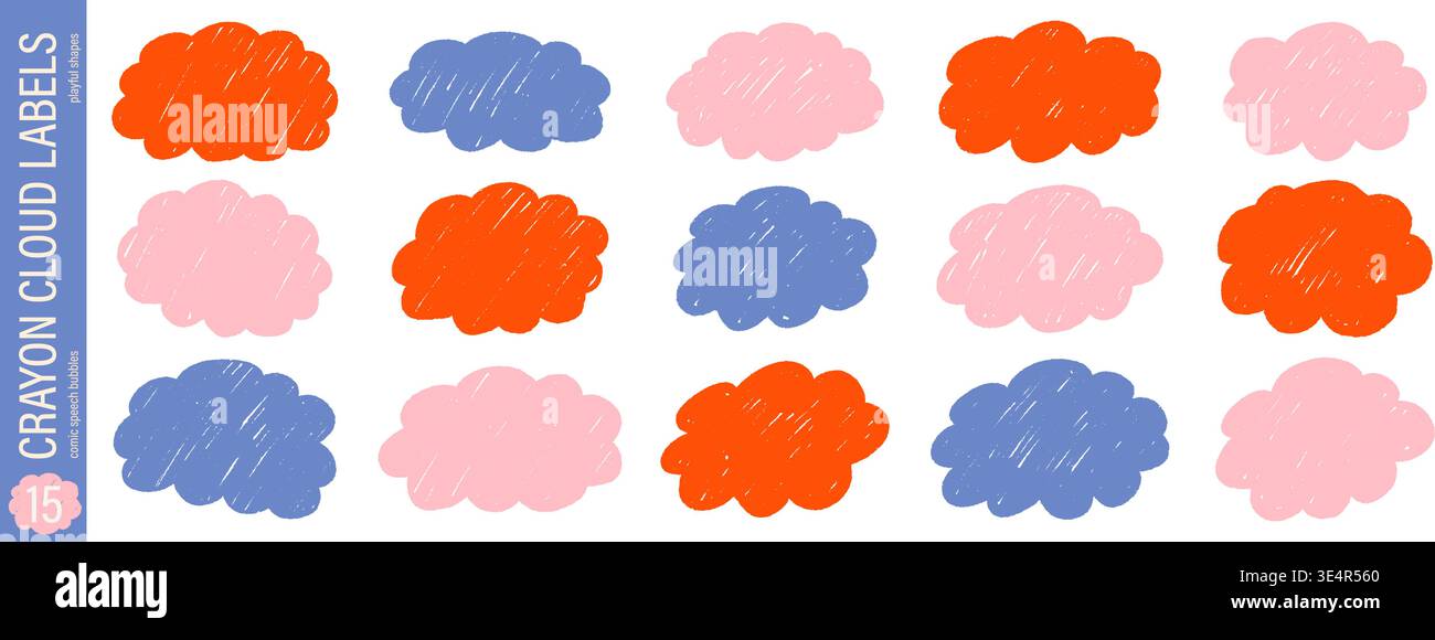 Hand drawn fluffy cloud stickers. Crayon style labels. Childish doodle frame elements Stock Vector