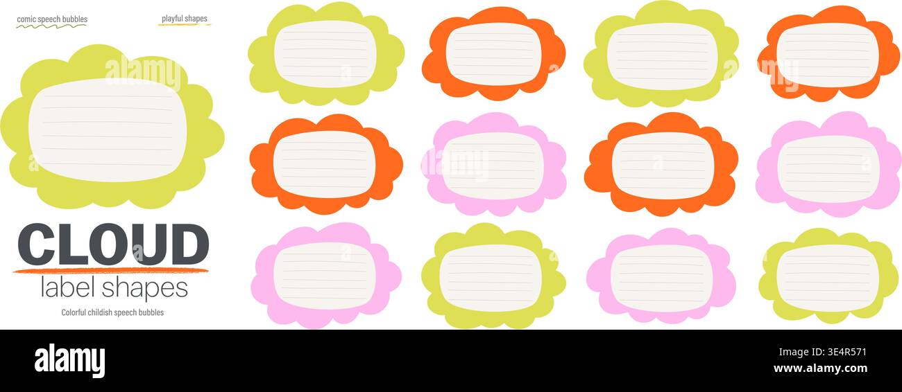 Wavy fluffy cloud label collection. Rounded edges for promo frames. Cute kid text boxes Stock Vector