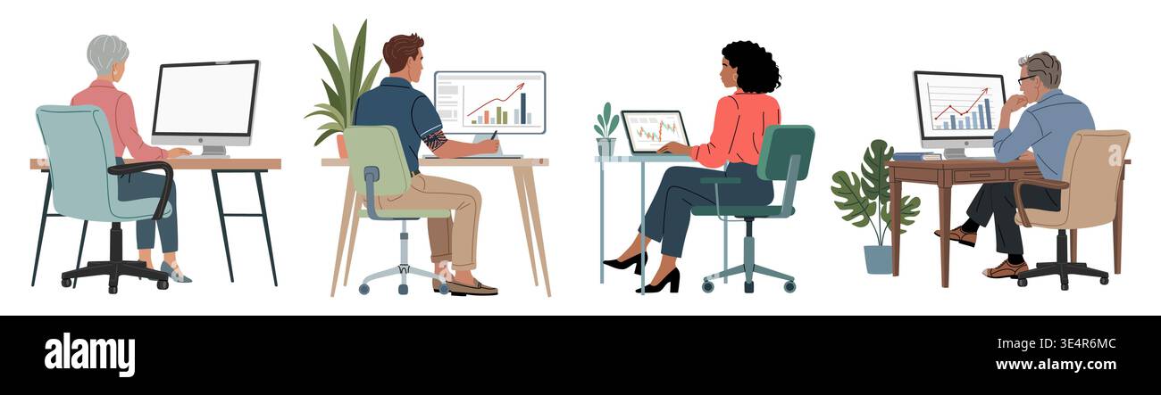 Set of people work at desks with computers Stock Vector