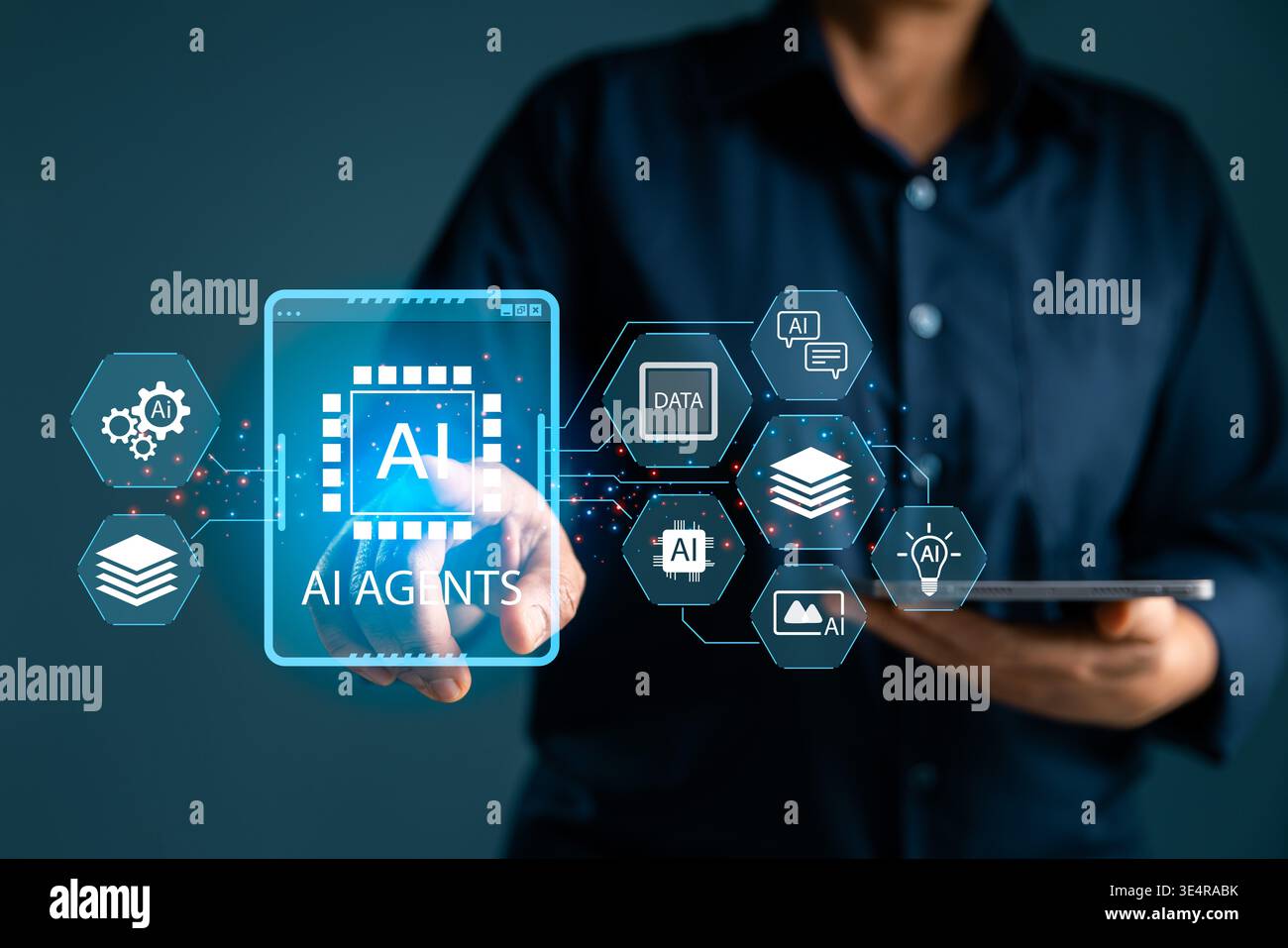 Business user pointing to AI agents interface while holding tablet, showing data integration, automation tools, digital workflow, smart systems and mo Stock Photo
