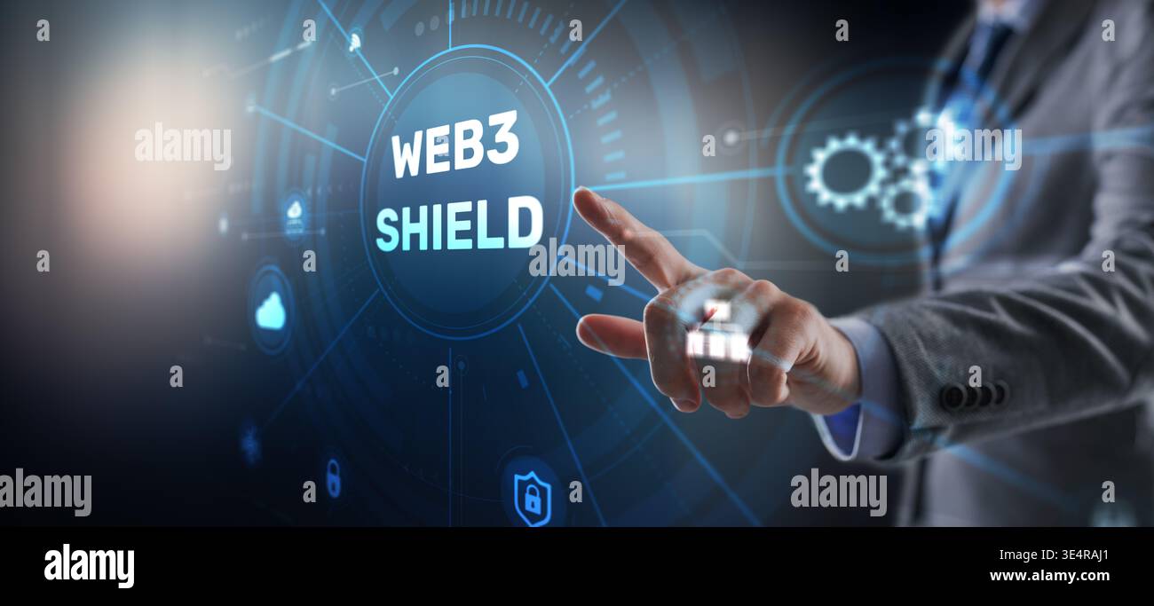 Web3 Shield, Cybersecurity, Advanced Web3 shield technology with blockchain protection protocols. Stock Photo