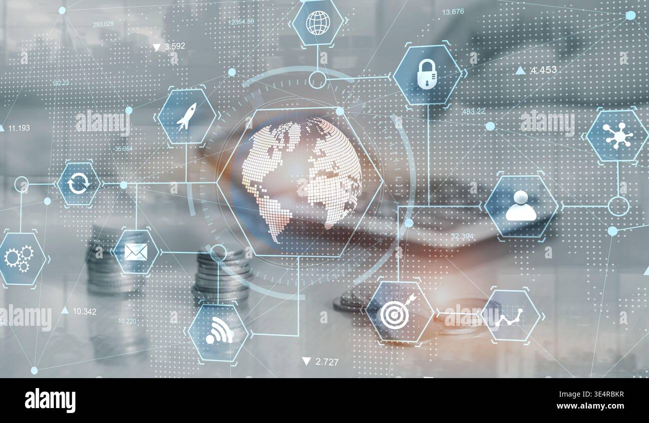 Global Technology Network Visualization with Business and Data Integration. Stock Photo