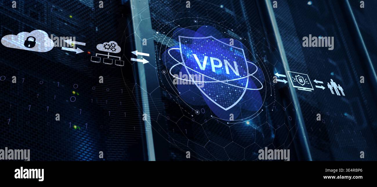 VPN Cybersecurity Network Protection Concept with Digital Shield Interface and Server Infrastructure Background. Stock Photo
