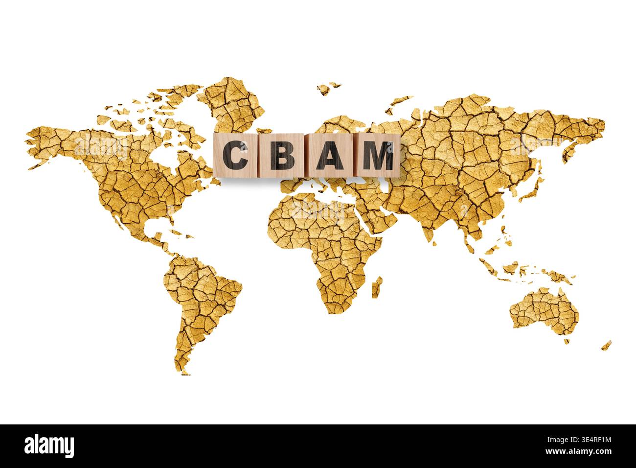 Cracked earth with wooden cubes and word CBAM . Global warming problems ...