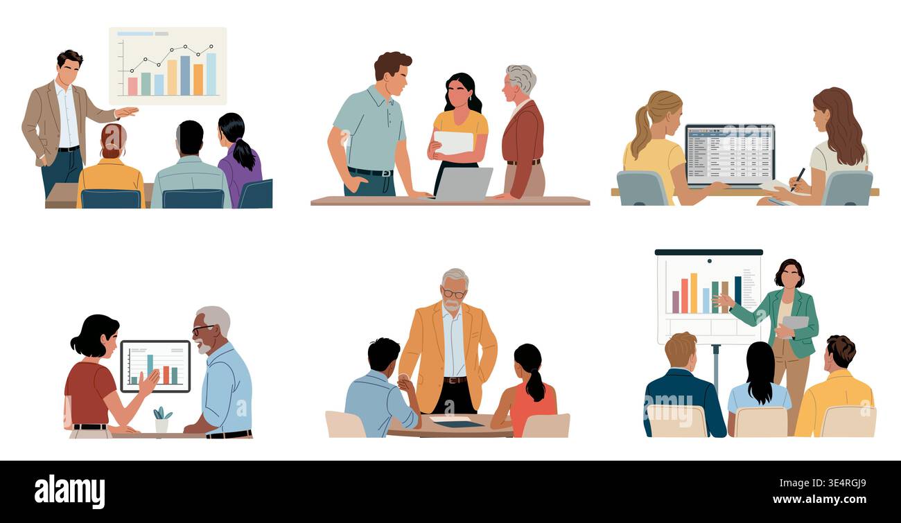 Team work unfolds in diverse office settings. Stock Vector