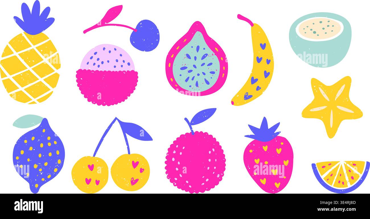 Tropical Fruit Vector Set Pineapple Banana Cherry Lemon Dragon Fruit Strawberry Handdrawn Textured Exotic Summer Fruit Collection Stock Vector