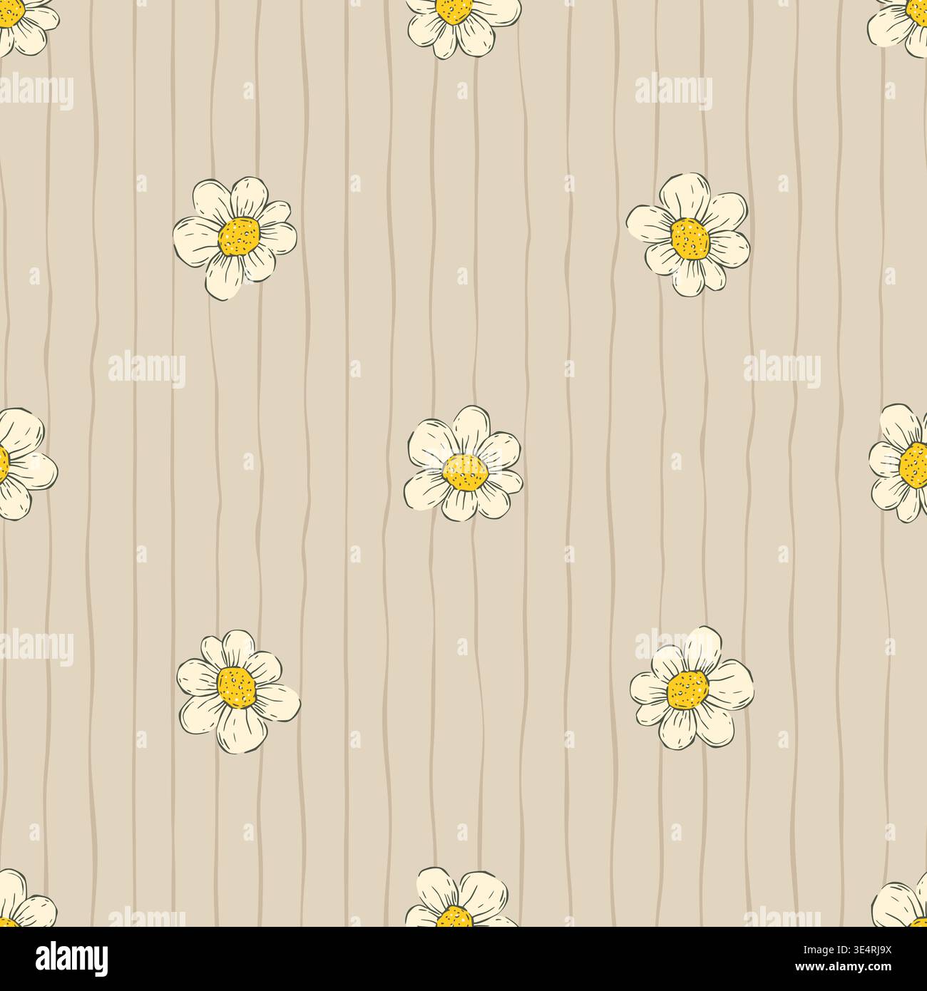 Whimsical Tiny Daisy Flower Seamless Pattern With Stripes Floral Spring Summer Vector Background Stock Vector