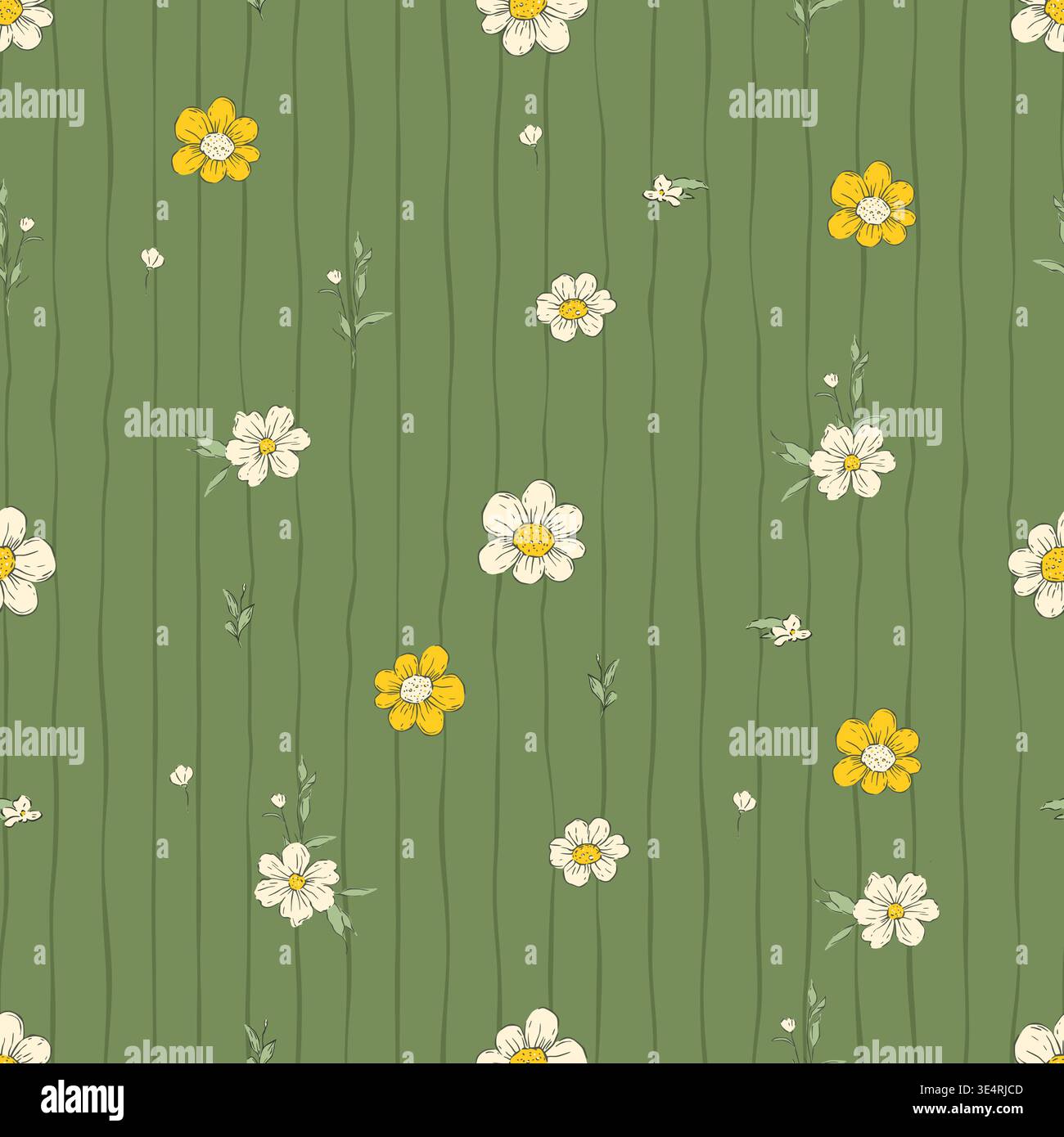 Whimsical Tiny Daisy Flower Seamless Pattern With Stripes Floral Spring Summer Vector Background Stock Vector