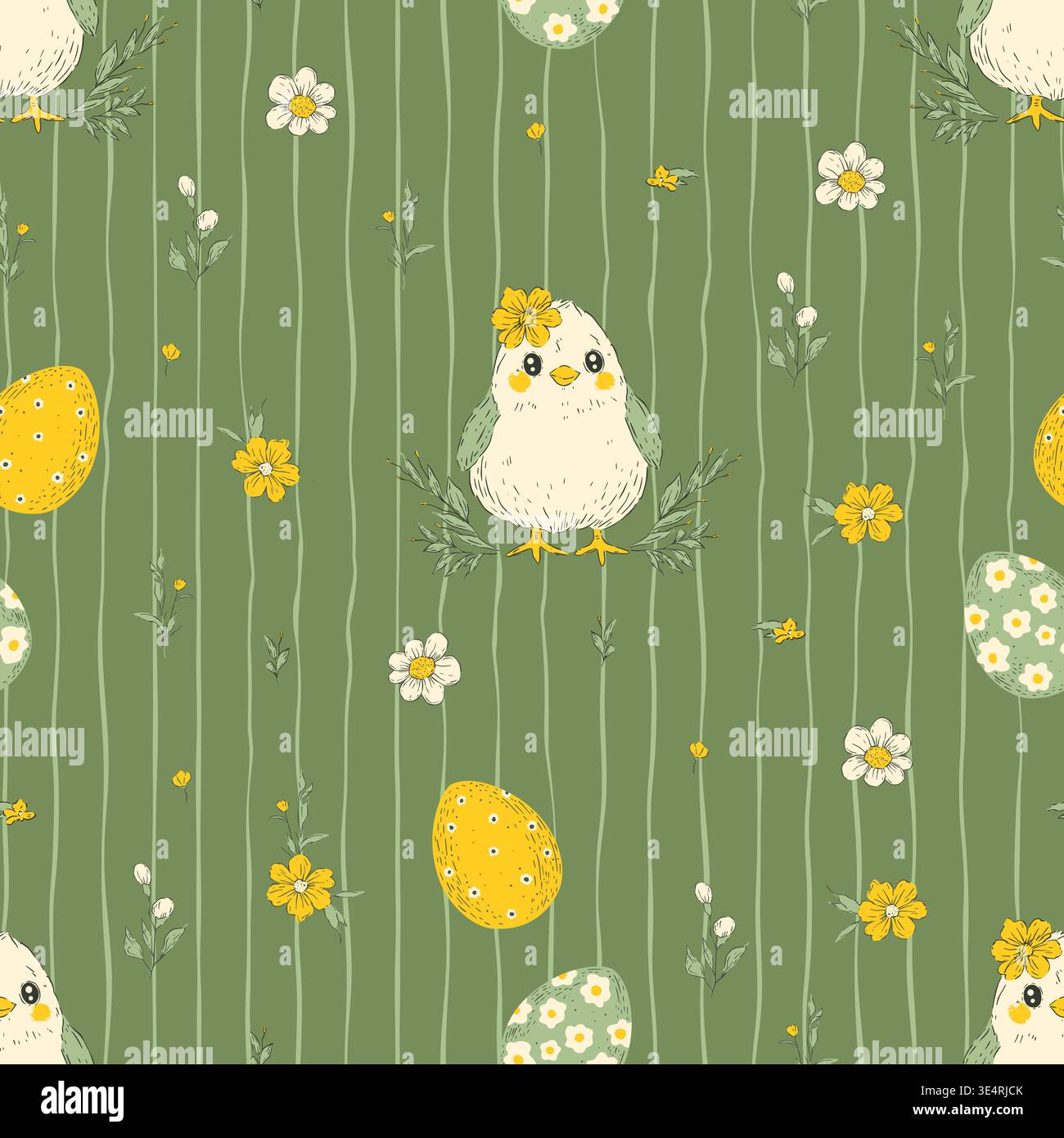 Easter Birds Seamless Pattern Eggs Flowers Stripes Whimsical Handdrawn Bird Spring Vector Background Stock Vector