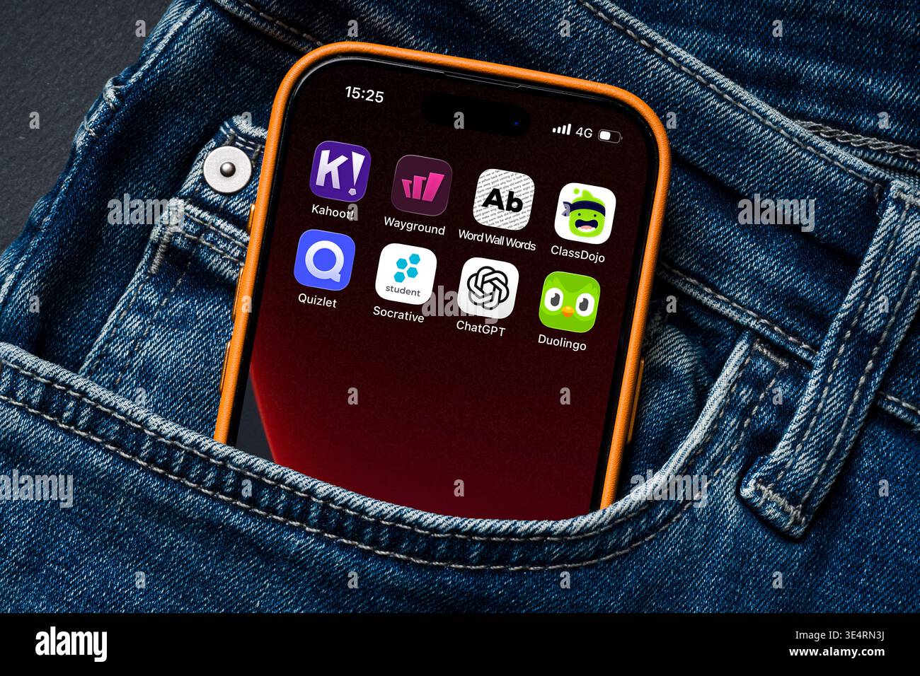 Antalya, Turkey - March 24, 2026: Multiple education apps on smartphone inside denim pocket concept Stock Photo