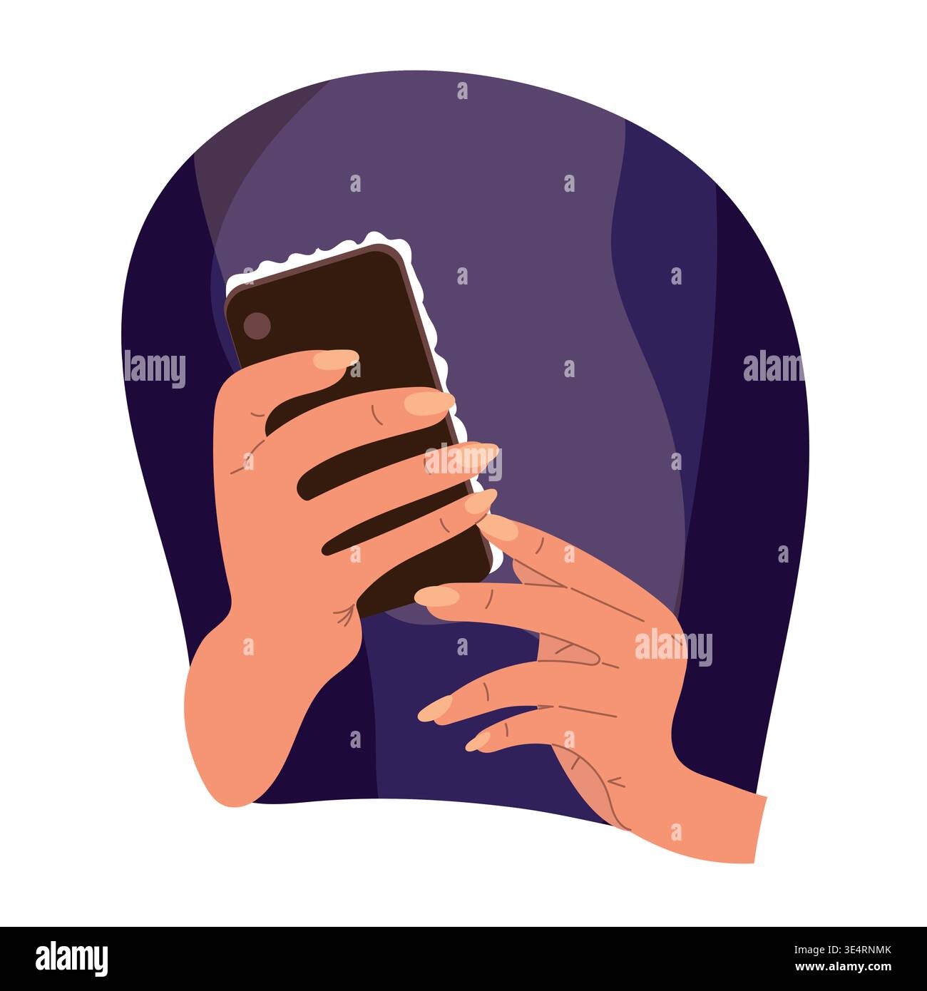 Hands holding smartphone close-up at night, scrolling feed on mobile device, social media and digital communication concept, modern flat vector Stock Vector