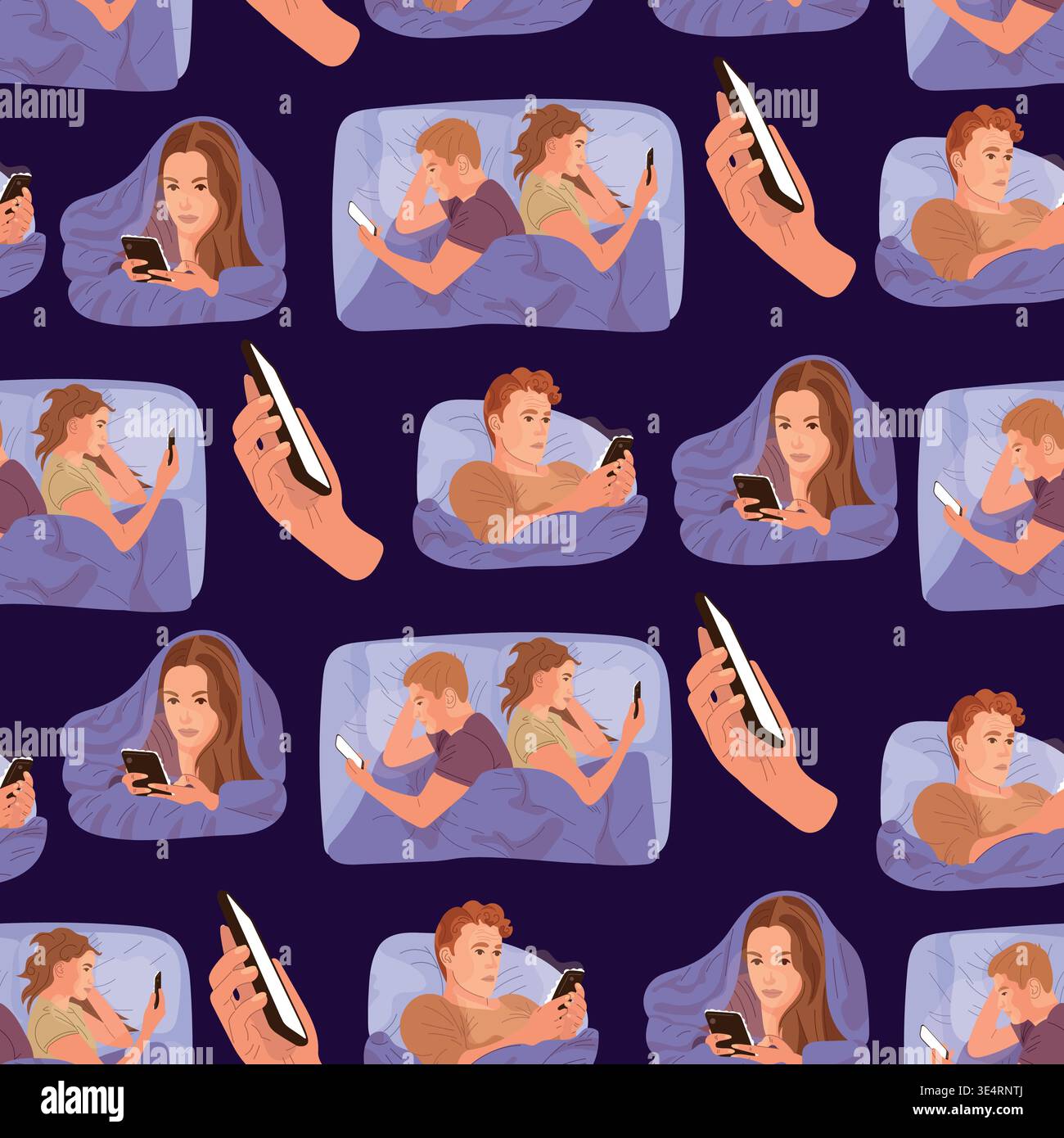 Seamless pattern with people using smartphones in bed at night ...