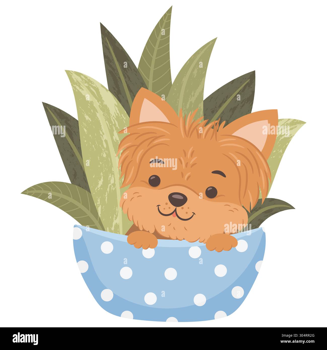 Cute yorkshire terrier dog hiding in the flower pot Stock Vector