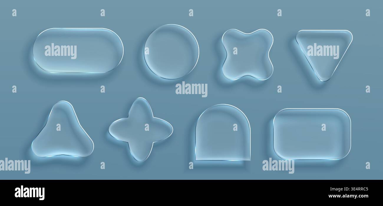 Transparent glass frames with glossy morphism effect, vector set isolated on background. 3D ui elements with realistic texture, rounded corners, crystal clear borders for modern digital interface Stock Vector
