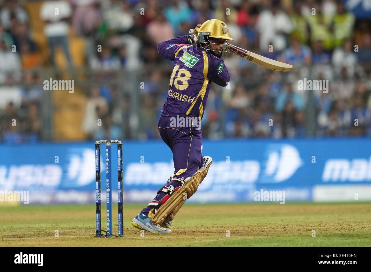 Kolkata Knight Riders' Angkrish Raghuvanshi plays a shot during the ...