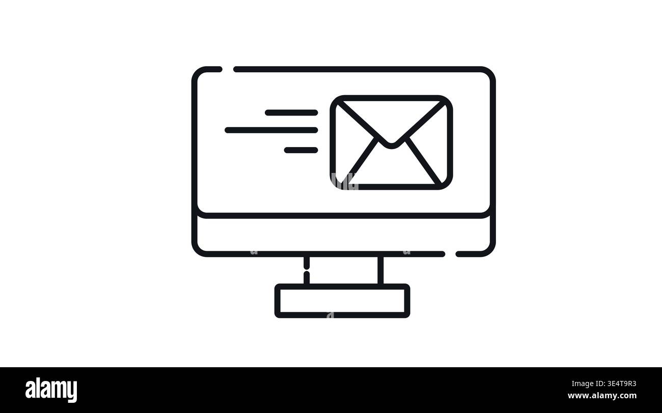 Desktop computer icon with flying envelope on screen representing fast email delivery Stock Vector