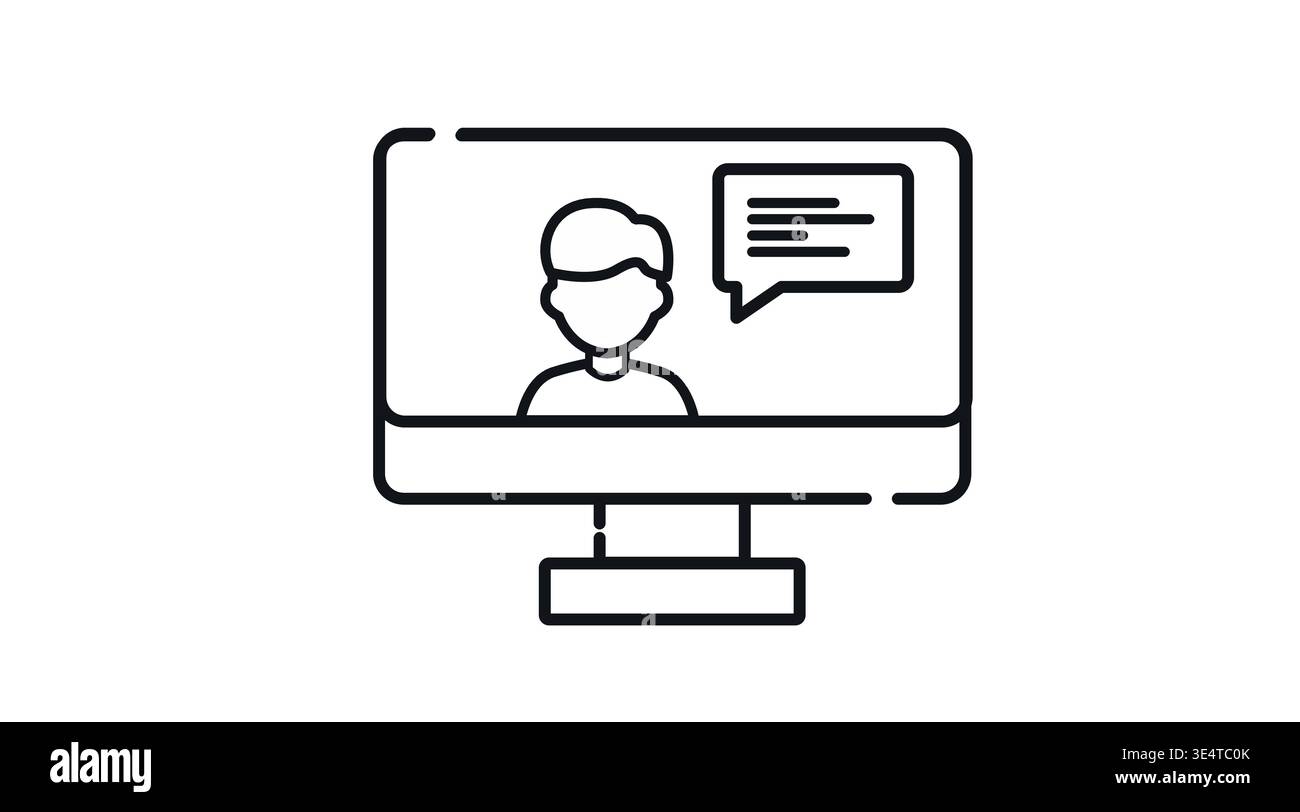 Desktop computer icon with person and speech bubble on screen representing video call Stock Vector