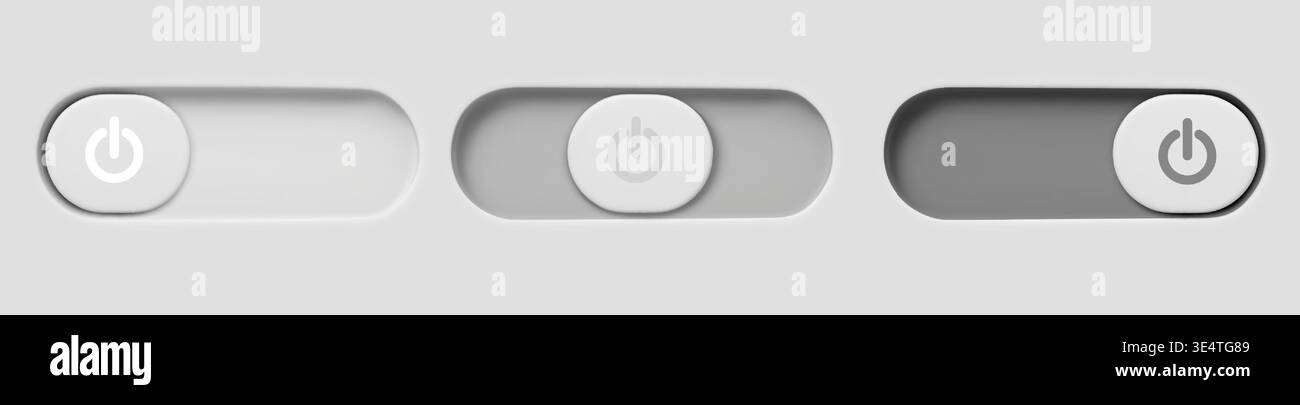 3D toggle switch with realistic shadow and neumorphic design. Grey slider button with start icon for UI interface, apps and web controls with smooth switching action. Stock Vector