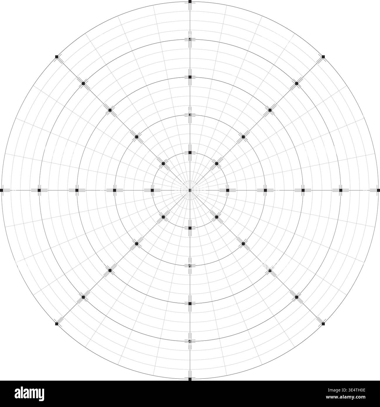 Black line radial dense grid texture with cell corners and squares on white background. FUI science round grid backdrop. Math or technological Stock Vector