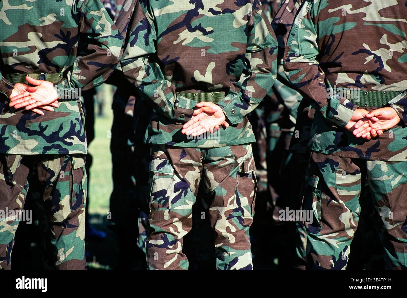 Service members at Fort Huachuca  U.S. Army installation in southeastern Arizona stand at attention on 9/11/2001. Stock Photo