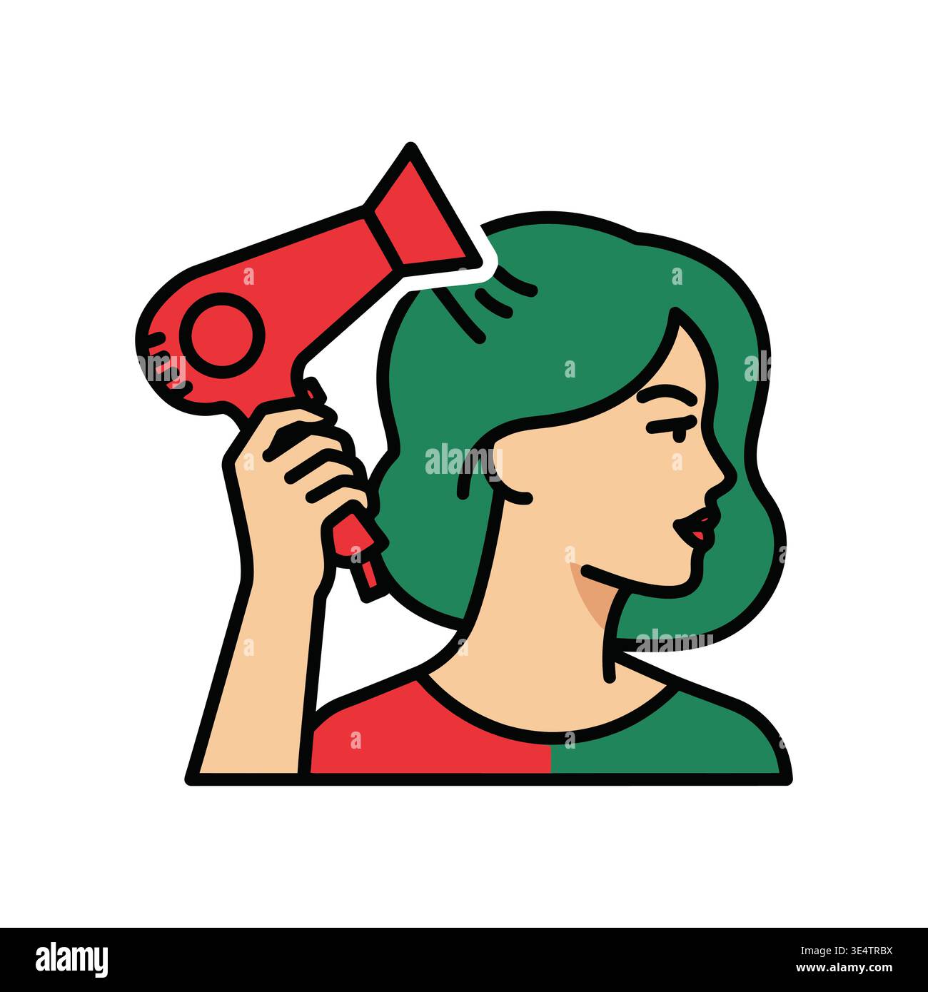 A woman using a red hair dryer Stock Vector