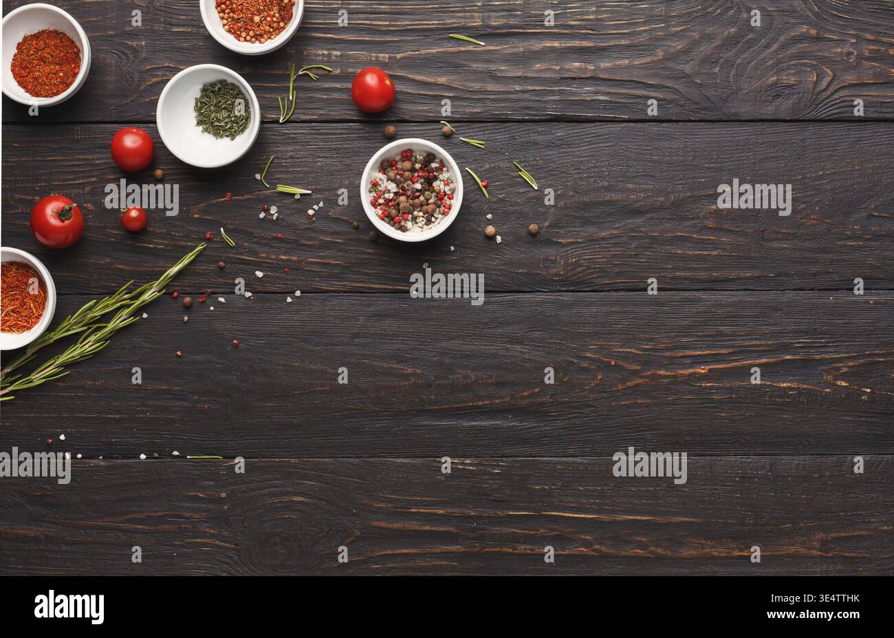 Diverse spices in small cups, top view Stock Photo