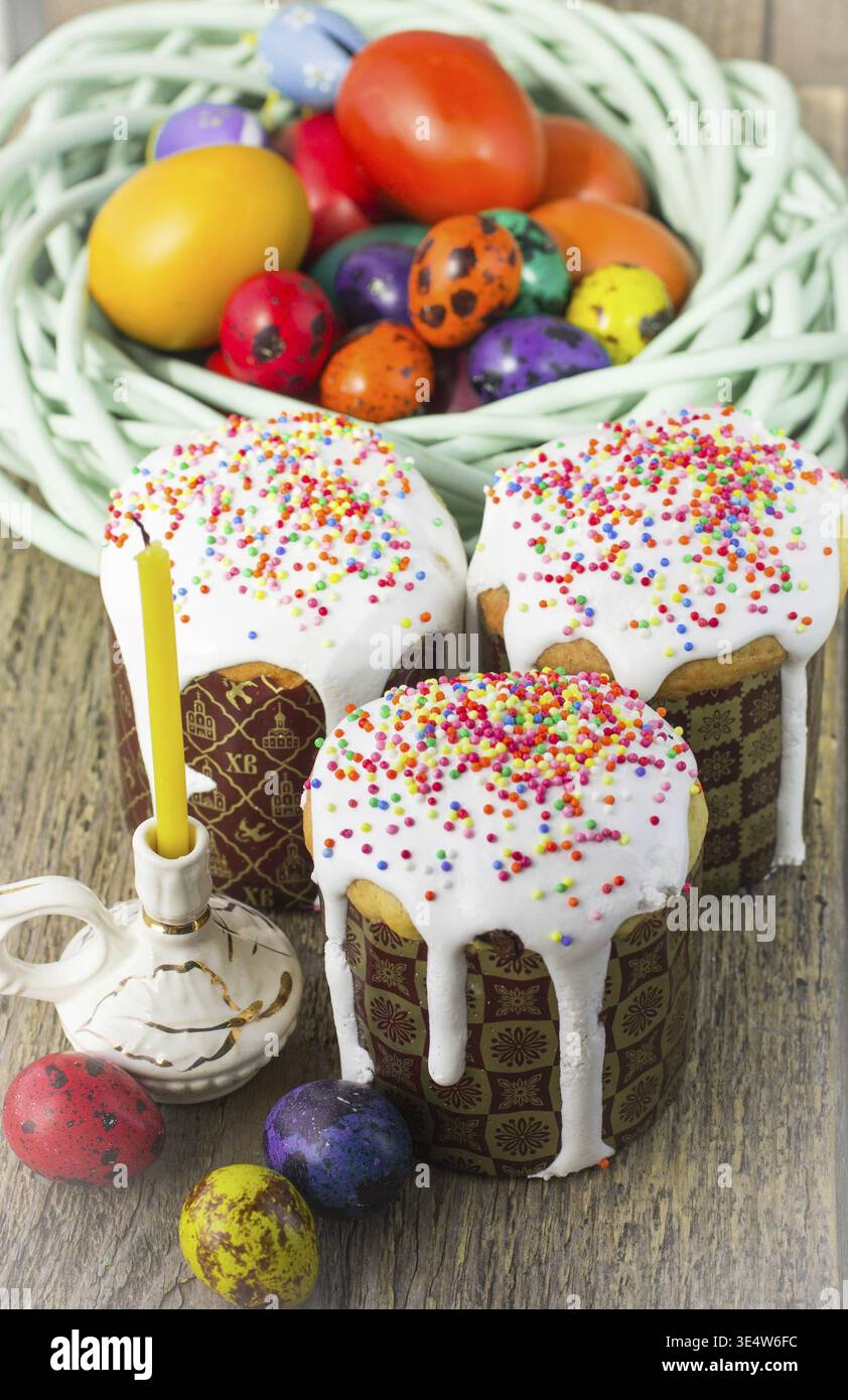 Food, Easter arrangement Easter cakes and painted eggs in a rustic style Stock Photo