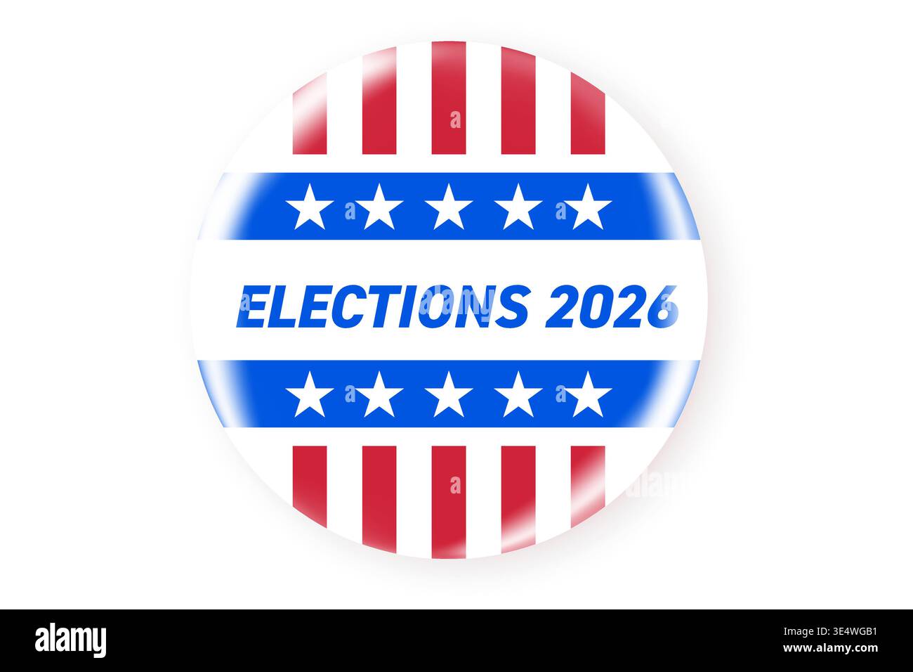 Realistic round vote badge with American flag. USA election voting sticker for 2026 midterm election. Responsible voting symbol, vector illustration. Stock Vector