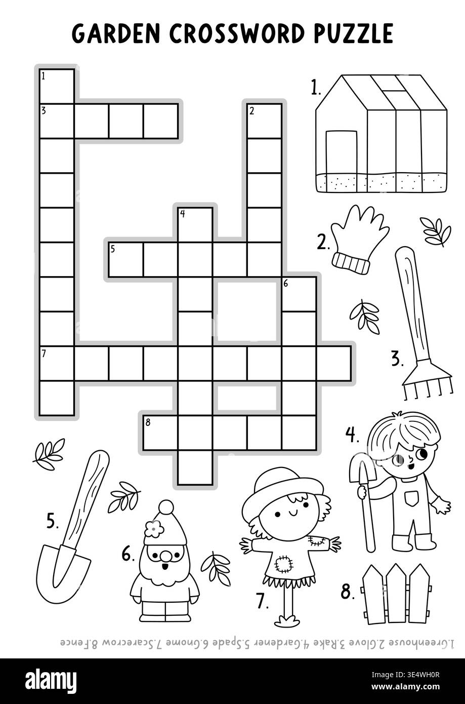 小字圖 Vector garden black and white crossword puzzle for kids. Quiz with