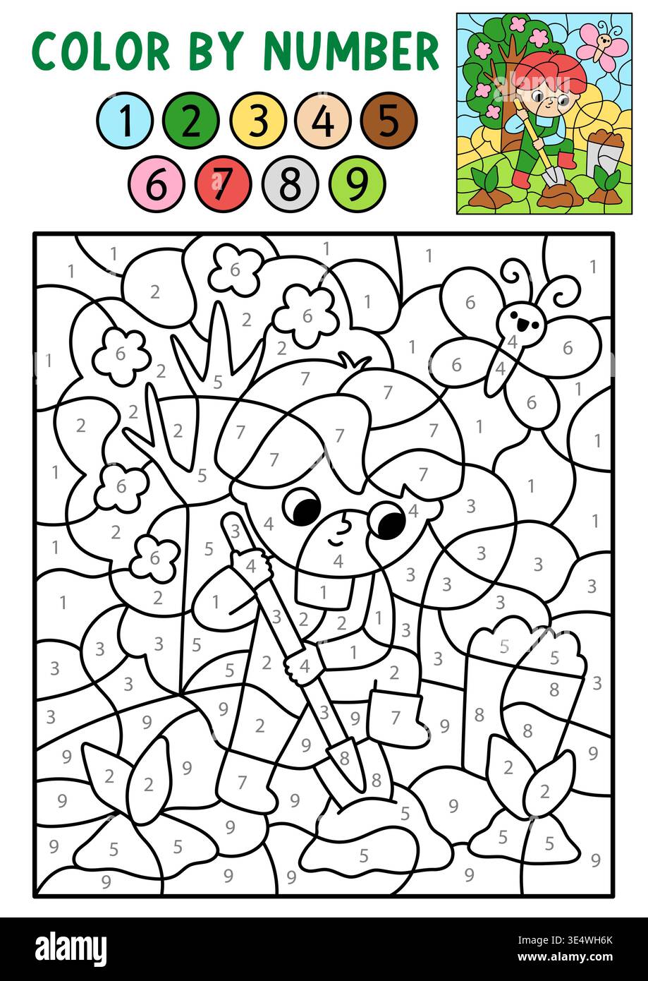 Vector garden color by number activity with boy digging earth. Spring ...