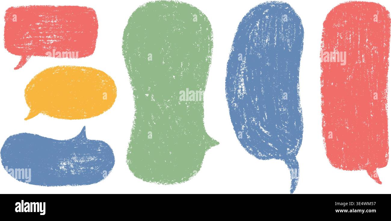 Crayon speech bubble. Color doodle text frames. Hand drawn pastel comic dialog box. Chalk texture speech bubble. Chat balloon. Cloud shape. Vector Stock Vector