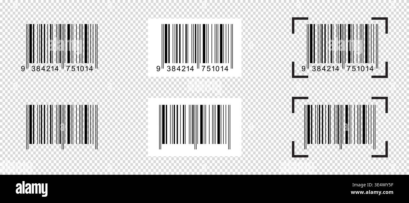 Collection of barcode stickers with scanner frames. Bar code labels isolated on transparent background. Visual data digital representation with Stock Vector