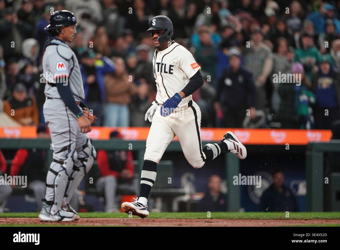 Seattle Mariners Julio Rodr Guez Scores On An RBI Double By Randy Seattle Mariners Julio Rodrguez Scores On An Rbi Double By Randy Arozarena As Cleveland Guardians Catcher Bo Naylor Looks On During The Fifth Inning Of A Baseball Game Sunday March 29 2026 In Seattle Ap Wasson 3E4X52D 