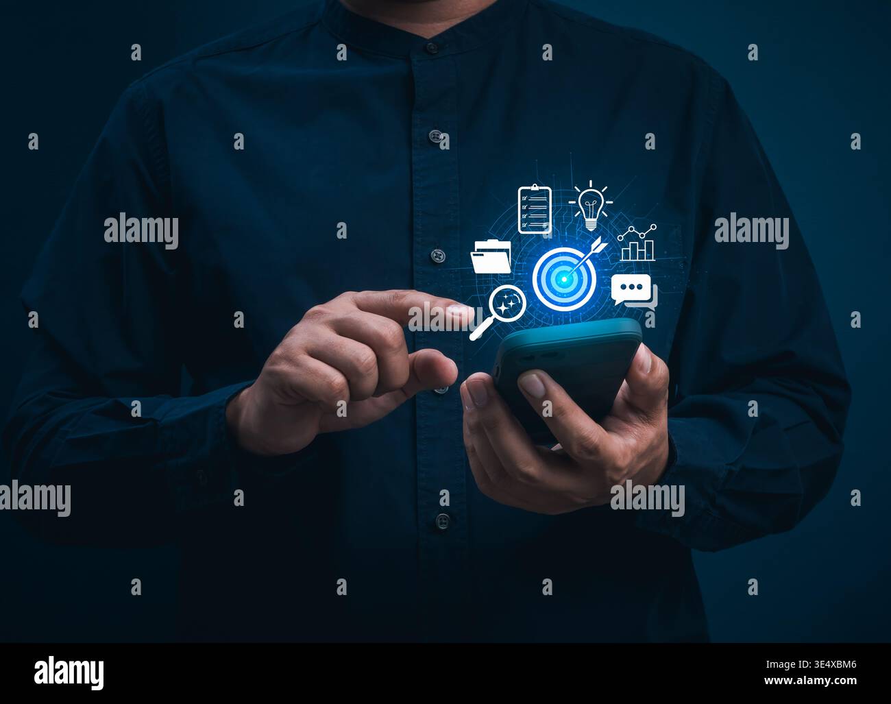 AI business concept with data-driven strategy on smartphone, visualizing analytics dashboard, KPI tracking, performance insights, predictive analysis Stock Photo
