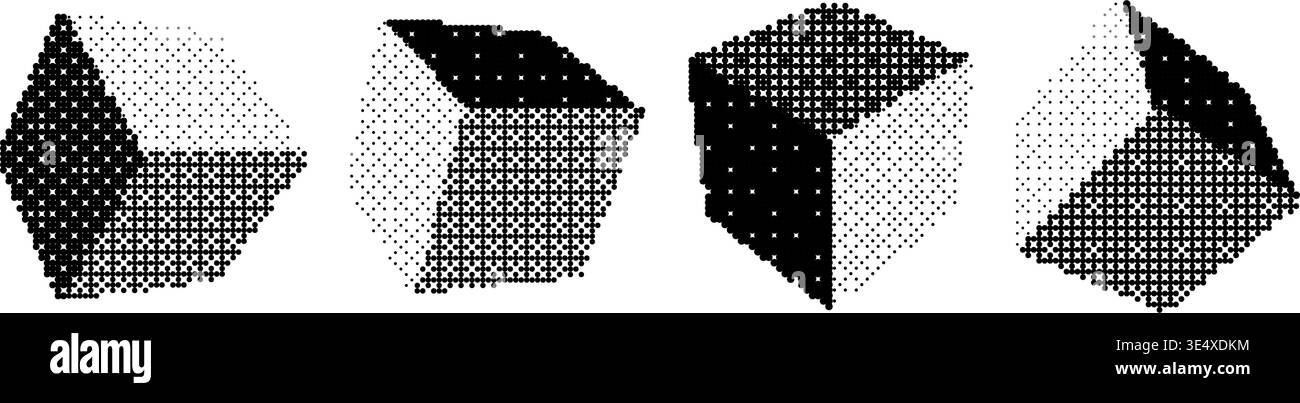 Pixelated cube shape set. Bitmap 3D square form collection. Dither element pack for graphic design, banner, poster, leaflet. Halftone cubes with rasterized effect. Vector pixel Y2K geometric bundle Stock Vector