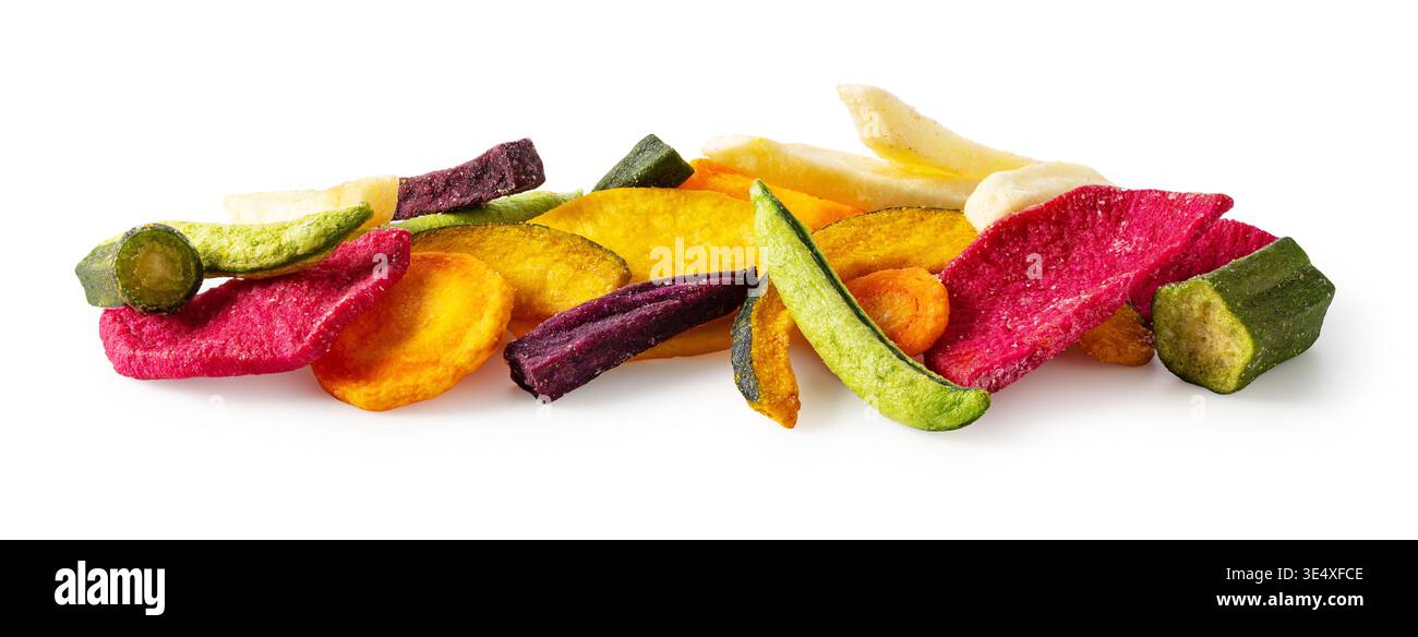 Assorted colorful vegetable chips isolated on white background, horizontal composition Stock Photo