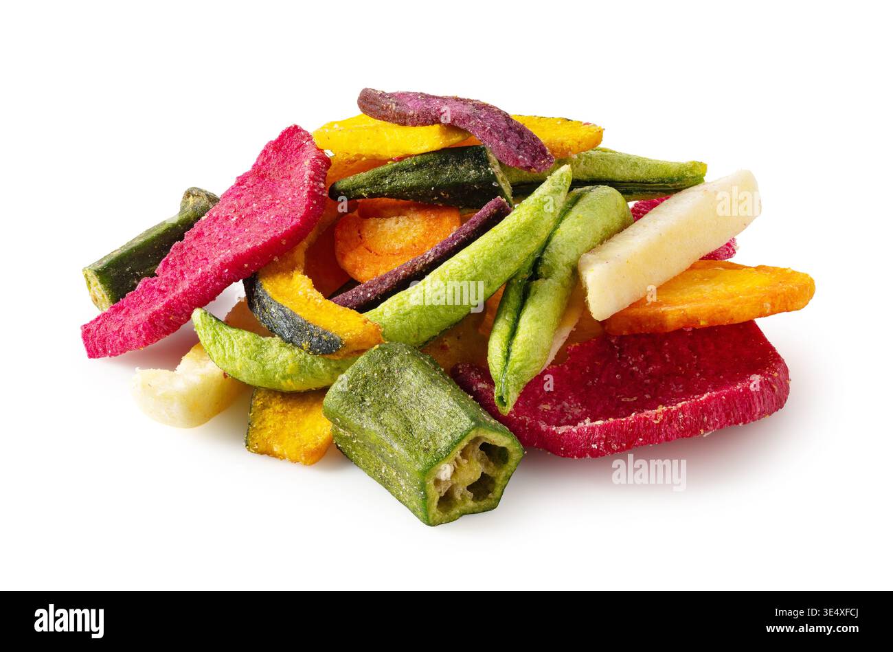 Assorted colorful vegetable chips isolated on white background, horizontal composition Stock Photo