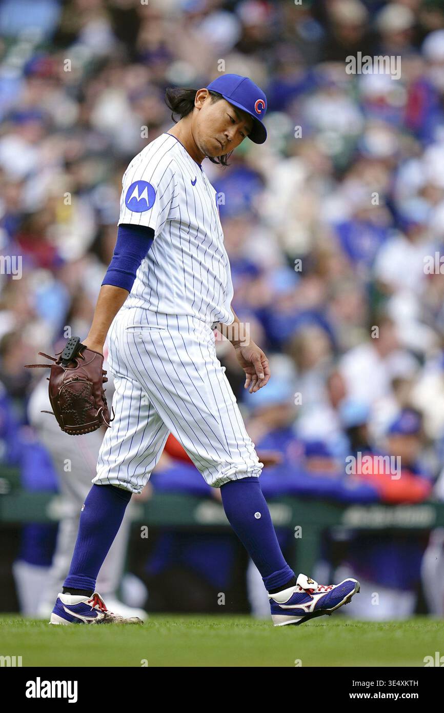 Chicago Cubs starter Shota Imanaga reacts after allowing a three-run ...