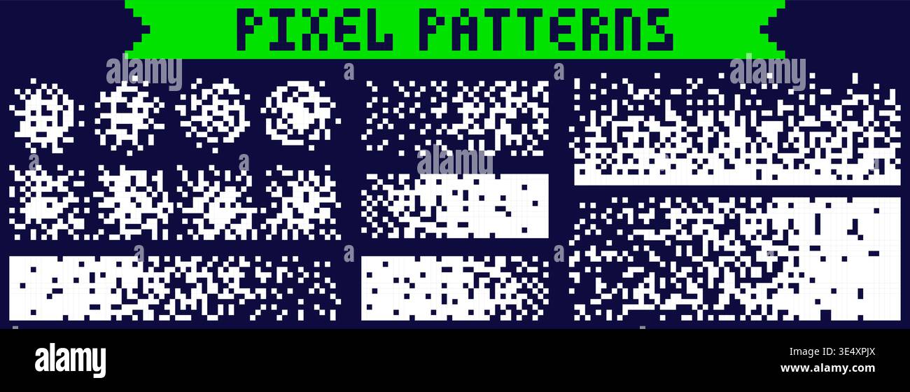 Pixel art white patterns. Random scattered backgrounds. Stock Vector