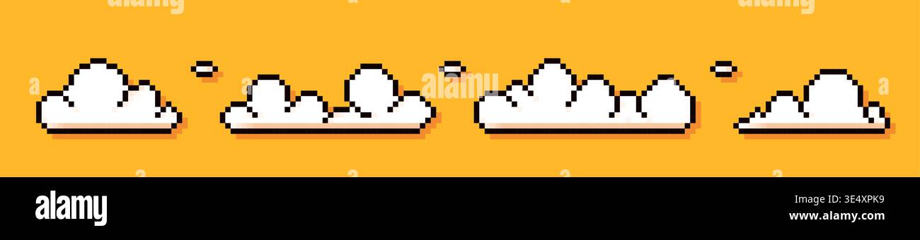 Four pixel game art white clouds on yellow background. Stock Vector