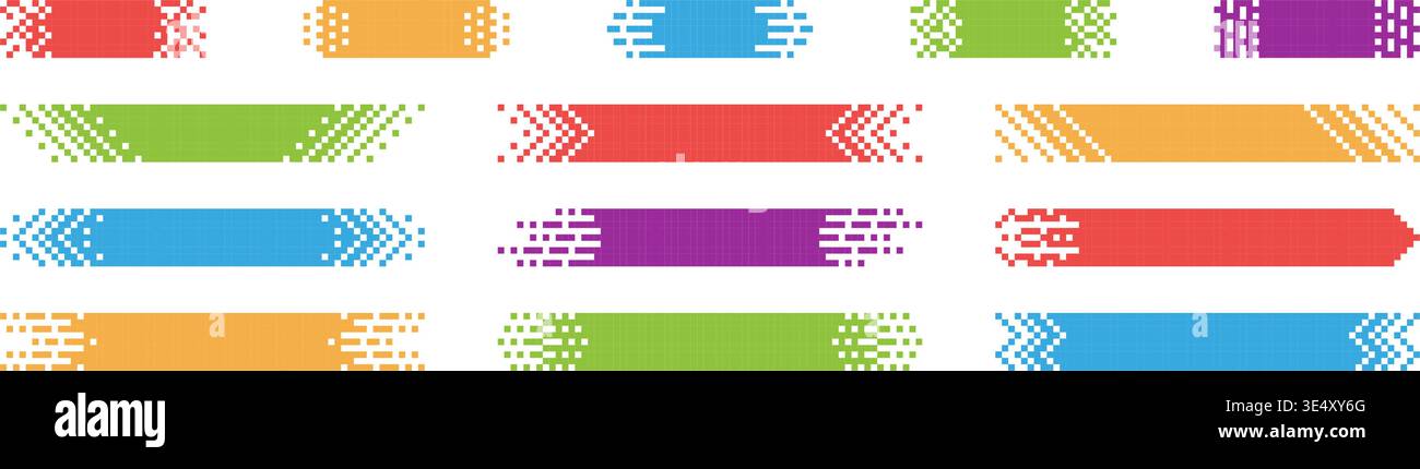 Pixel rectangle header. Pixel gradient title set. Horizontal stripe geometric mosaic banner. Abstract game digital pattern. Web color title shape Stock Vector