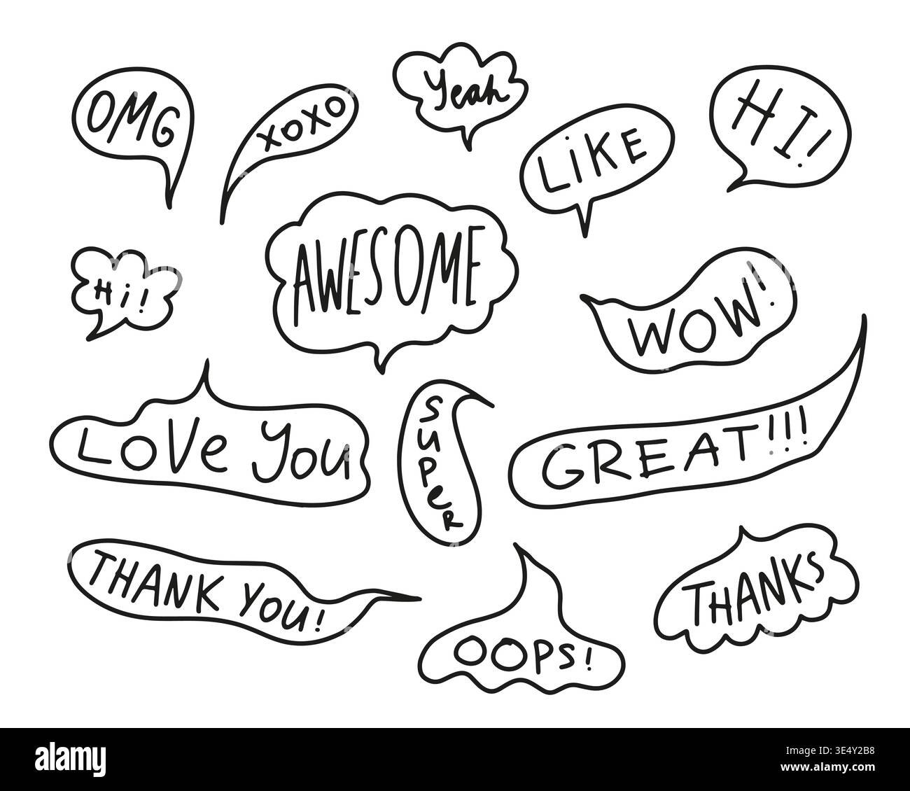 Doodle speech bubbles with simple phrases. Cloud textbox Stock Vector